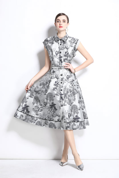 Women's Jacquard Cap Sleeve Button Rockabilly Dress