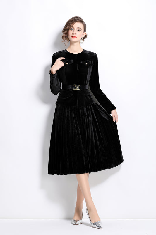 Velvet Pockets Belt Pleated Dress