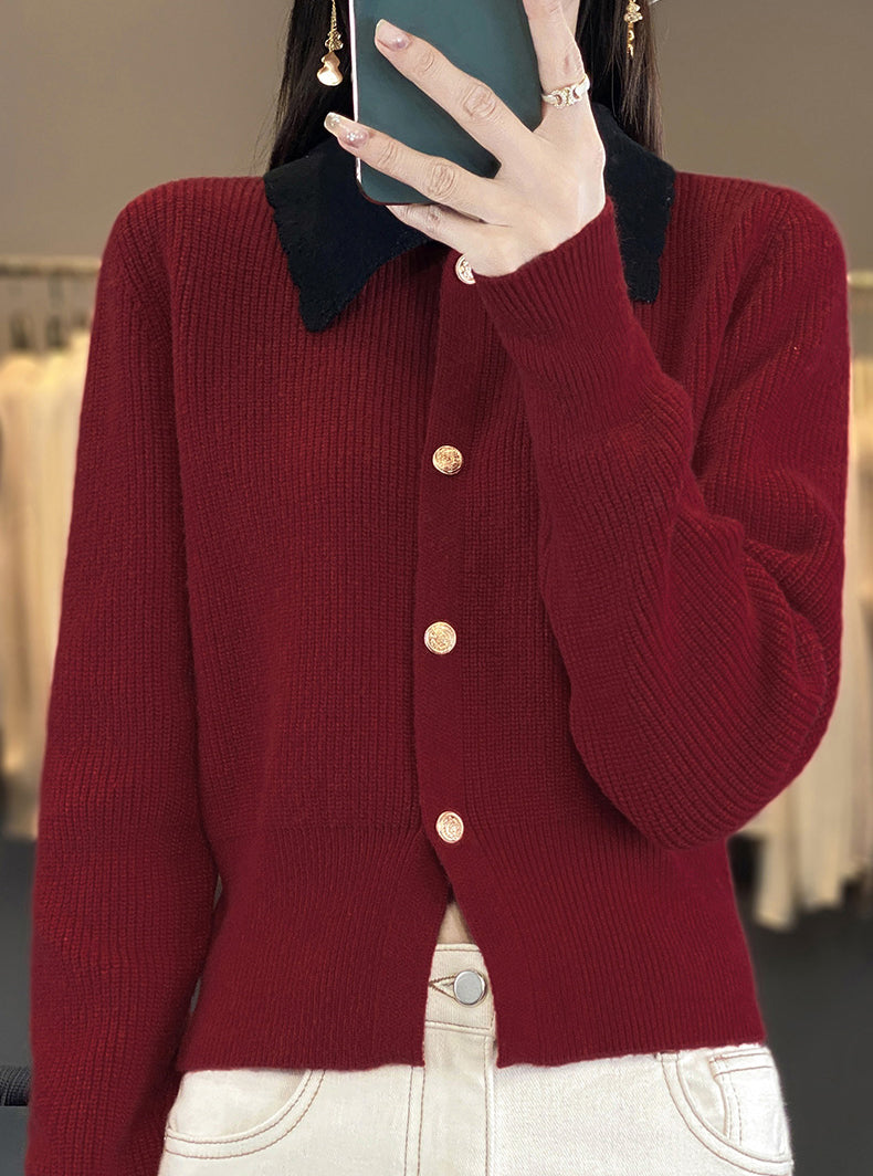 Chic Contrast Collar Knit Cardigan – Vintage Button Ribbed Sweater Top