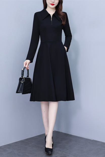 Women's V-Neck with Pockets Long Sleeve Black Dress