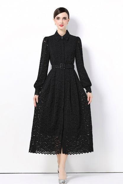 Women's Lapel Collar Floral Lace Button Maxi Dress