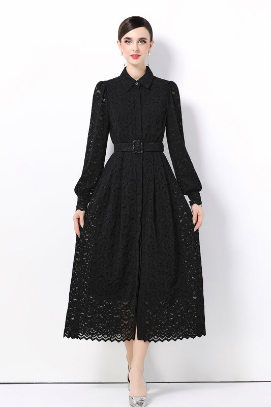 Women's Lapel Collar Floral Lace Button Maxi Dress