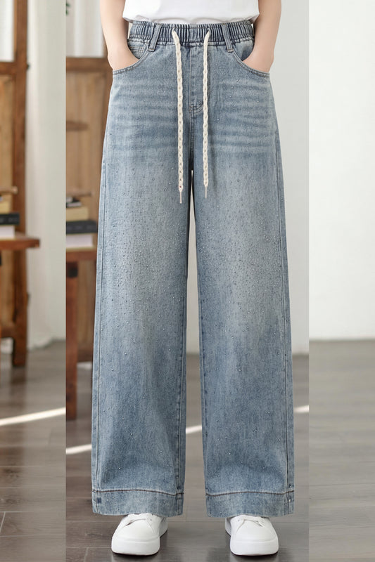 26-Women's Jeans Elastic Waist Baggy Wide Leg Denim