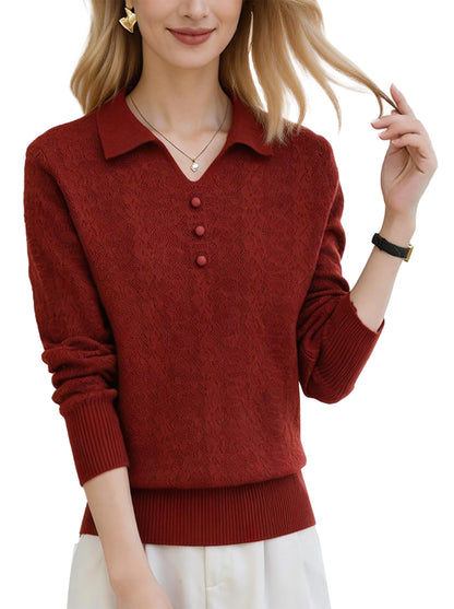 Women's Pink Polo Knit Top — V-Neck & Long Sleeve Ribbet Knitted