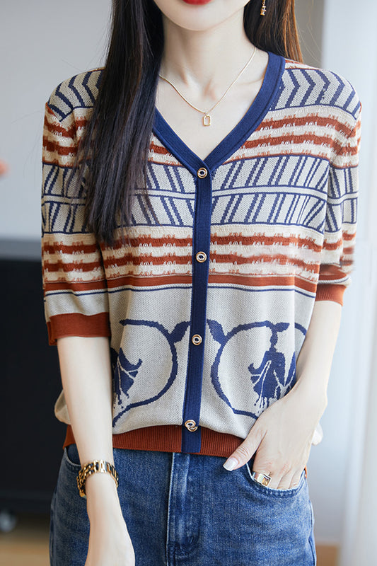 Women's Print V-Neck Thin Knitted Cardigan Shirt