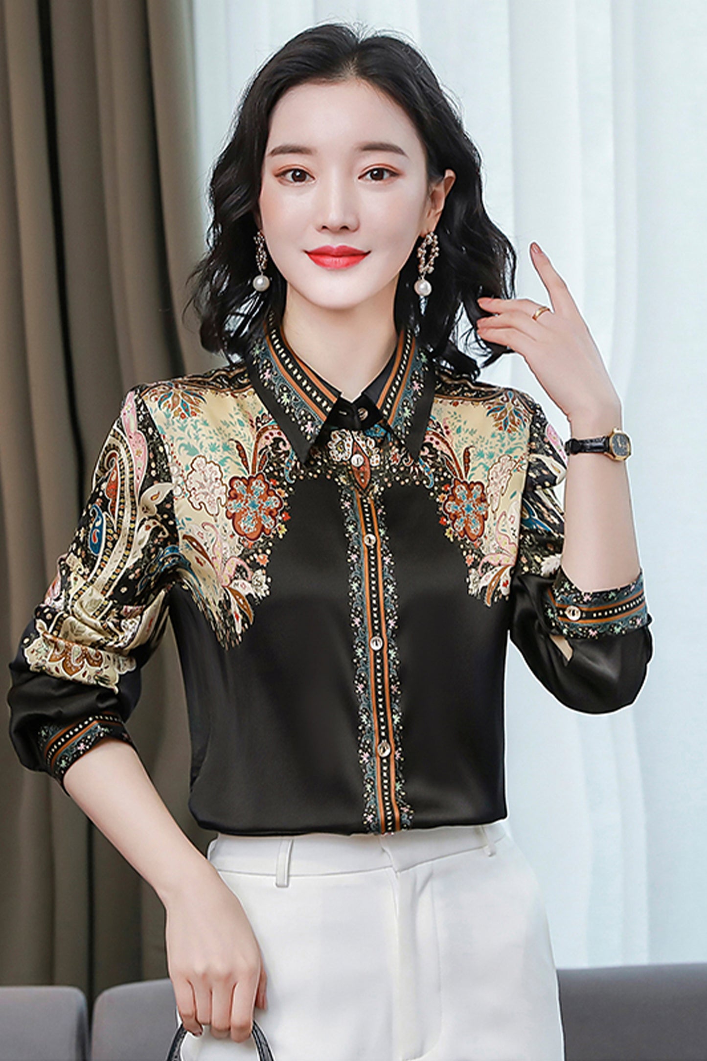 Women's Shirt Floral Print Long Sleeve Button up Casual Blouse