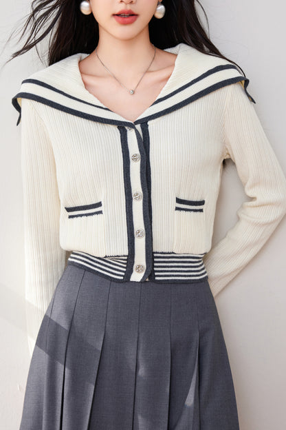 Women's Sailor Collar V-Neck Stripe Button Knit Top