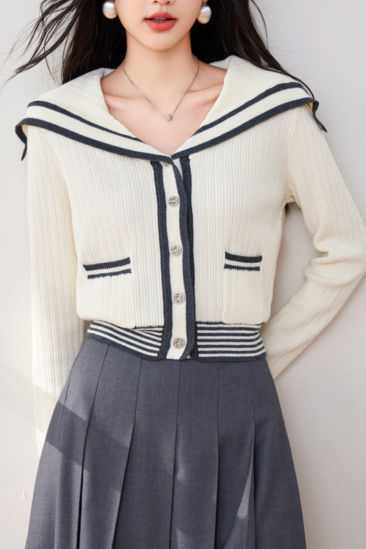 Women's Sailor Collar V-Neck Stripe Button Knit Top