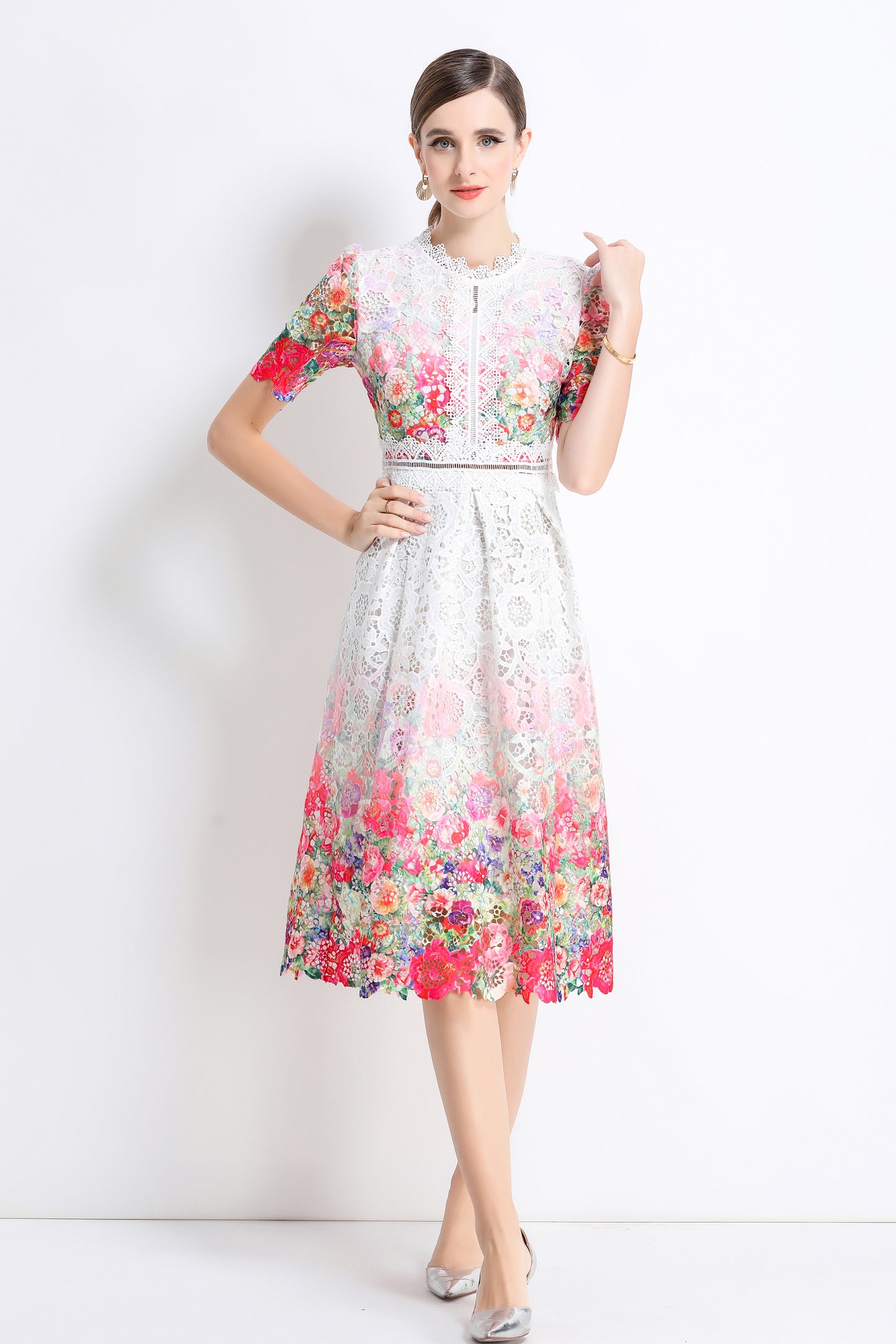 Women's Lace Floral Crochet Waist Midi Dress