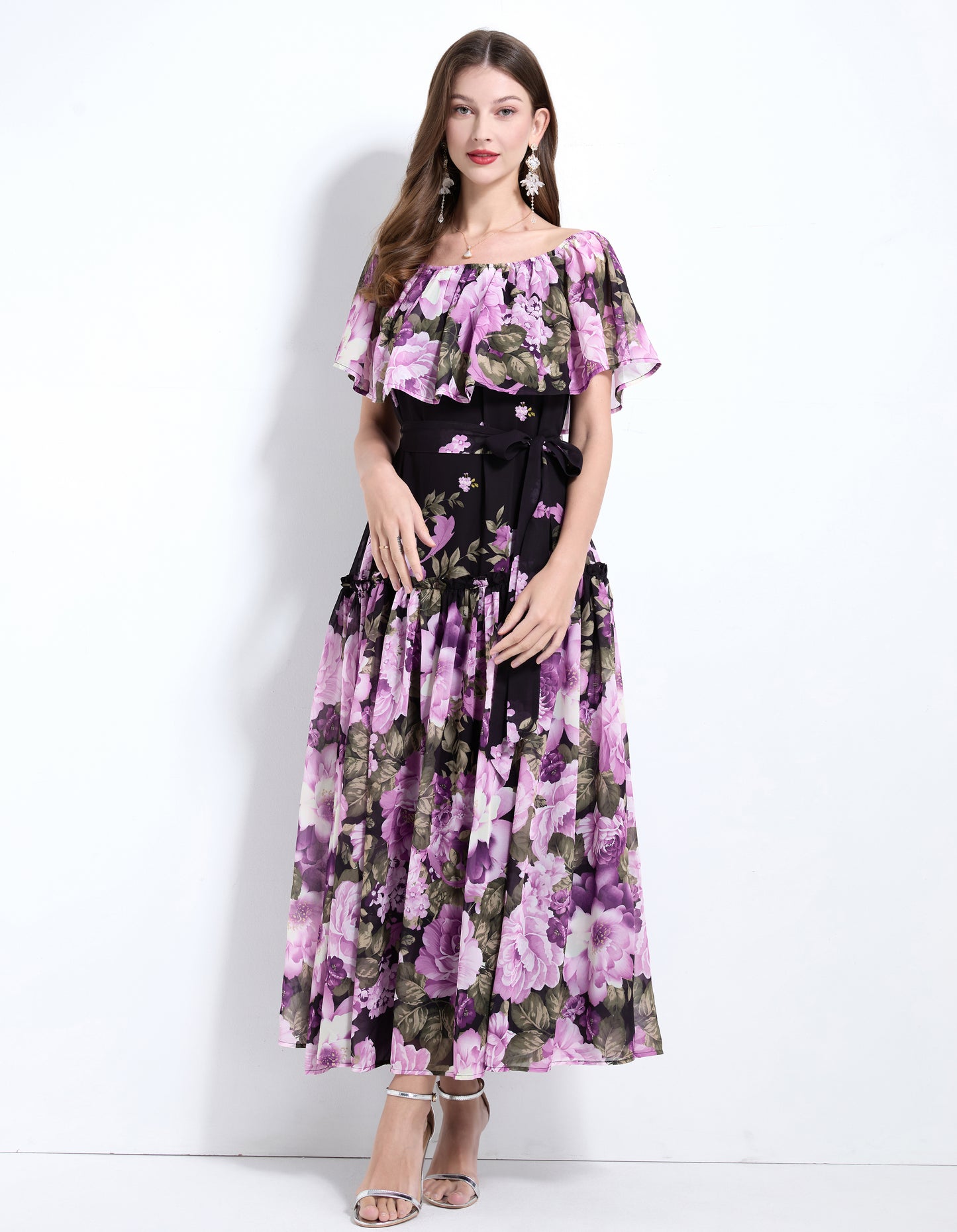 Off The Shoulder Floral Flowy Tied Maxi Dress