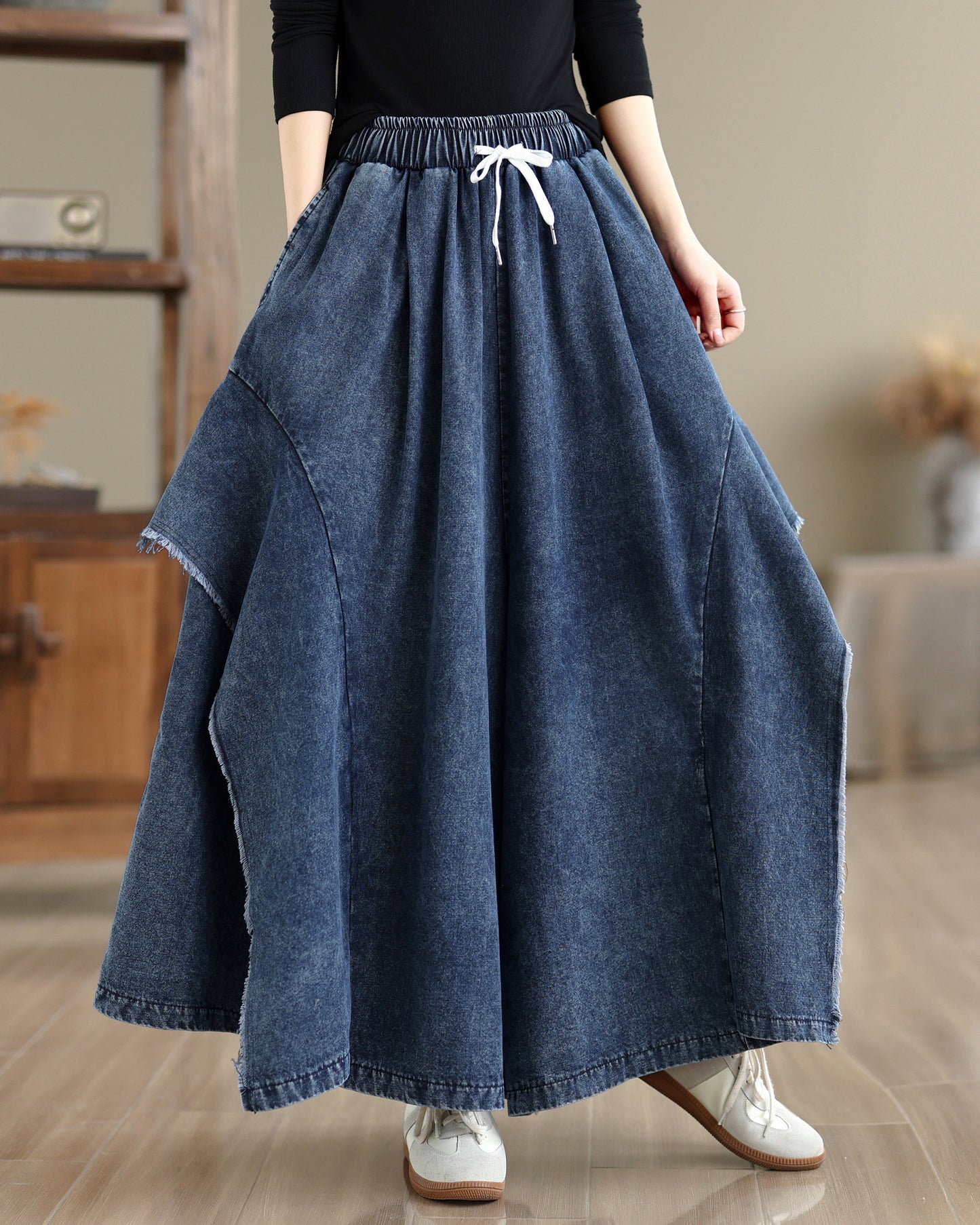 Women Loose Denim Skirt Pants Baggy Elastic Waist Casual Wide Leg Jeans