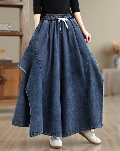 Women Loose Denim Skirt Pants Baggy Elastic Waist Casual Wide Leg Jeans