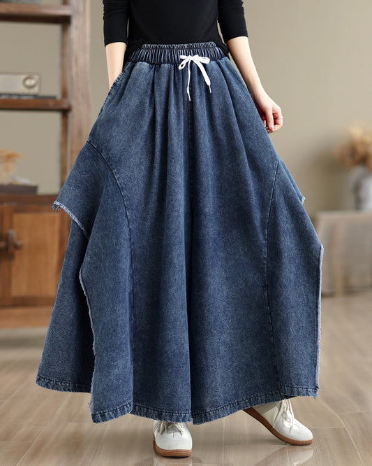 Women Loose Denim Skirt Pants Baggy Elastic Waist Casual Wide Leg Jeans - LAI MENG FIVE CATS