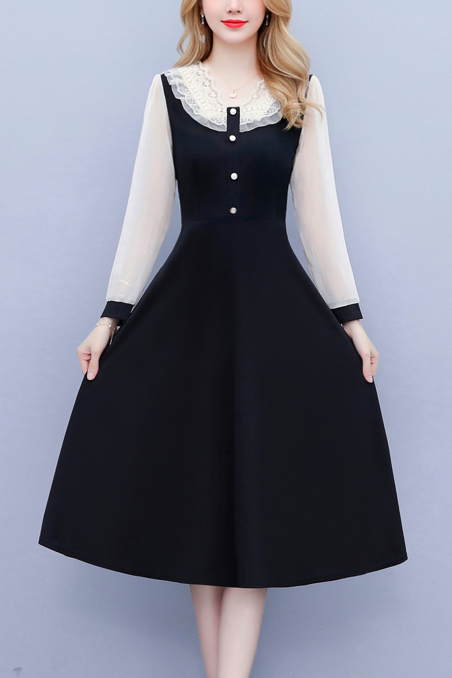 Women's V-neck Long Sleeve Patchwork Black Dress - LAI MENG FIVE CATS