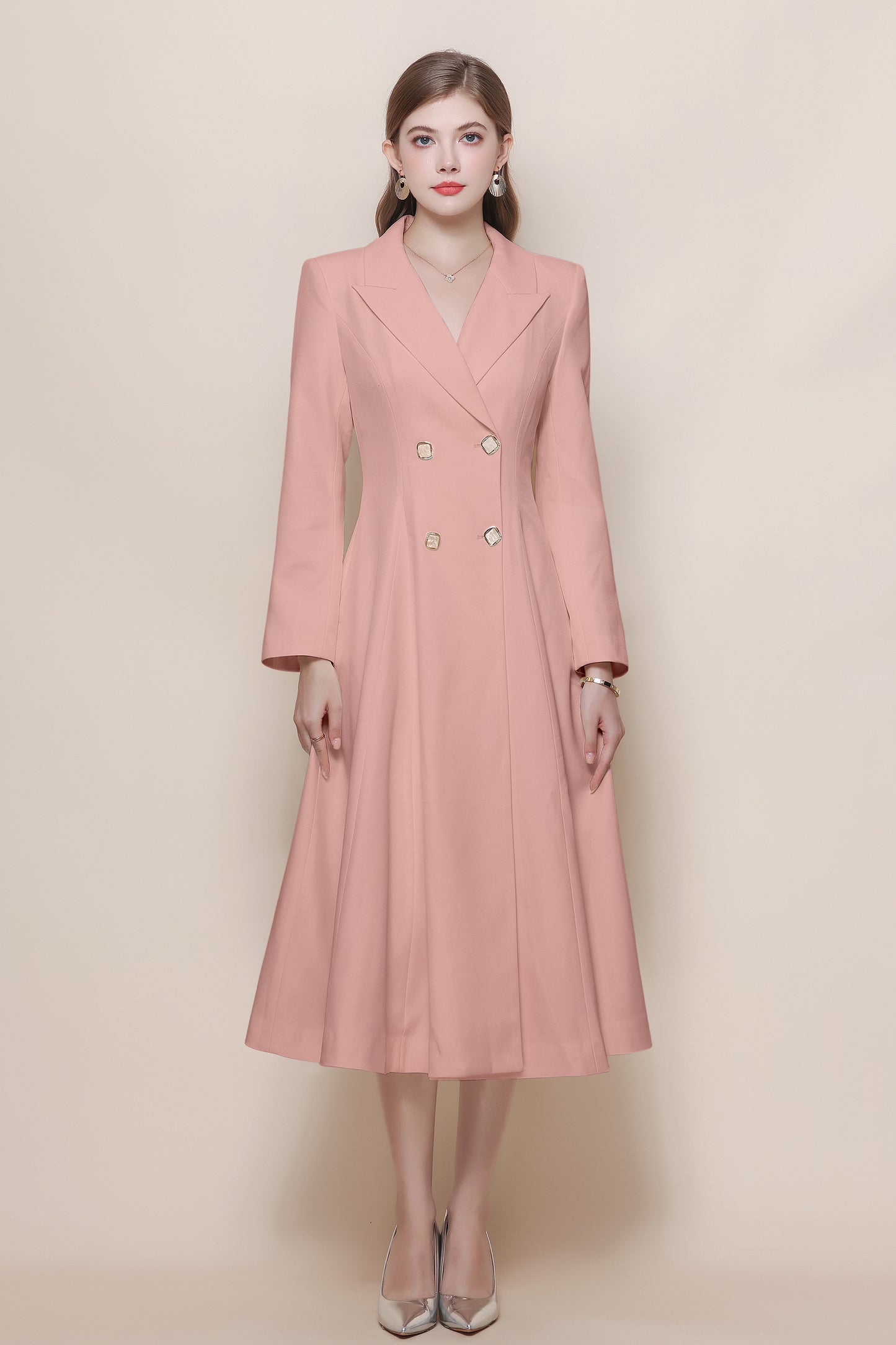 Women's Pea Coat Notch Lapel Trench Coat Midi Dress