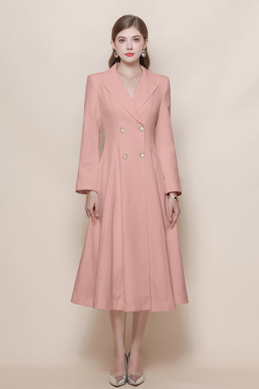 Women's Pea Coat Notch Lapel Trench Coat Midi Dress