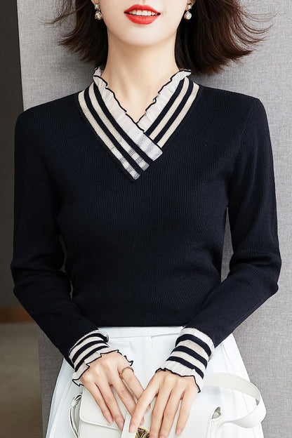 Knit Long Sleeve V Neck Pullover Shirts