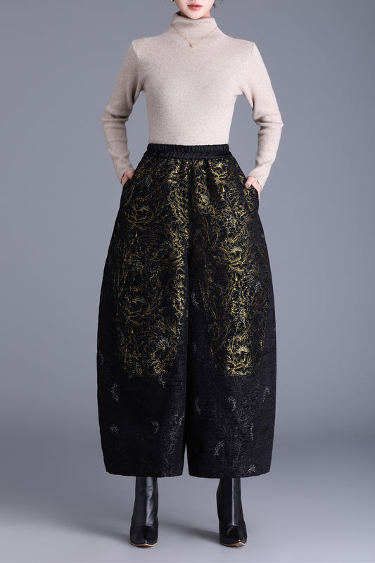 High Waisted Jacquard Cropped Loose Pants