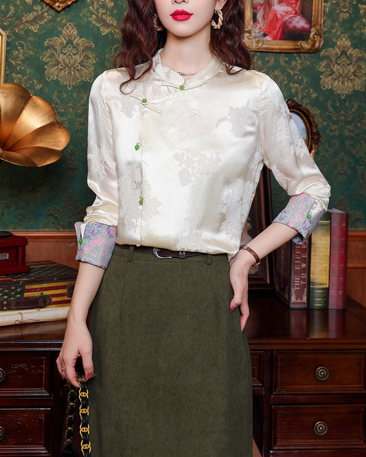 Elegant Chinese Style Jacquard Blouse with Vintage Buttons