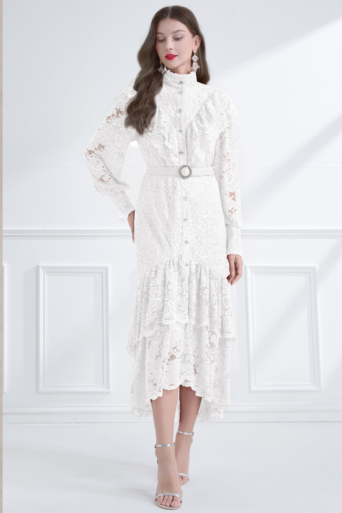 Women's Lace High Neck Ruffles Fishtail Maxi Dress