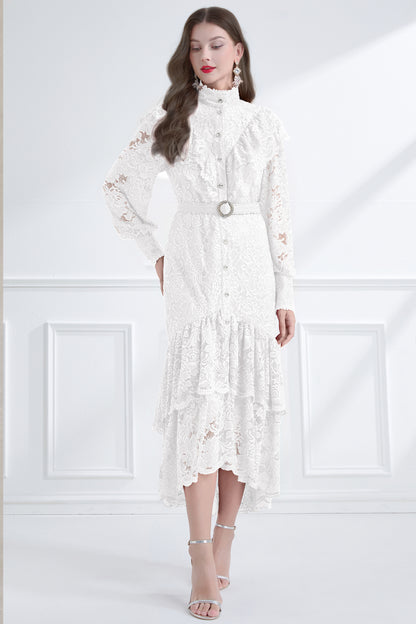 Women's Lace High Neck Ruffles Fishtail Maxi Dress