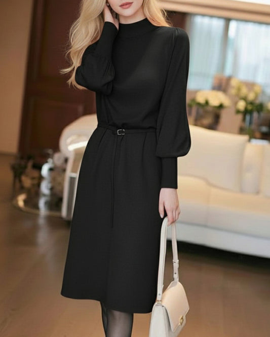 Elegant Mock Neck Knit Midi Dress: Lantern Sleeves & Belted Waist