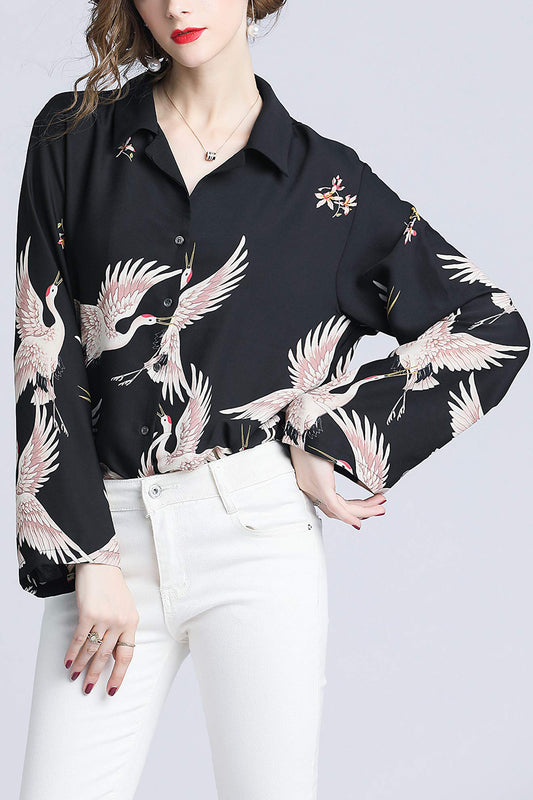 Button Floral Print Collared Blouse