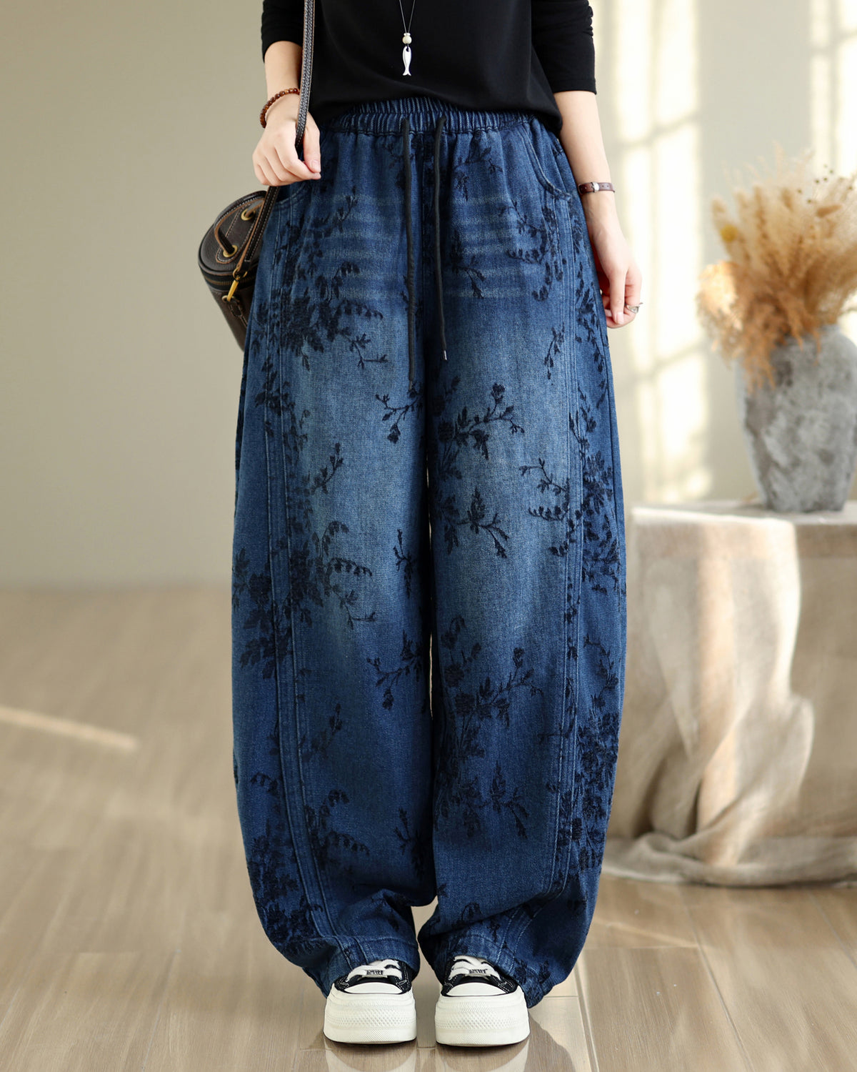 28671-Vintage Floral Print Denim Wide Leg Pants with Drawstring Waist