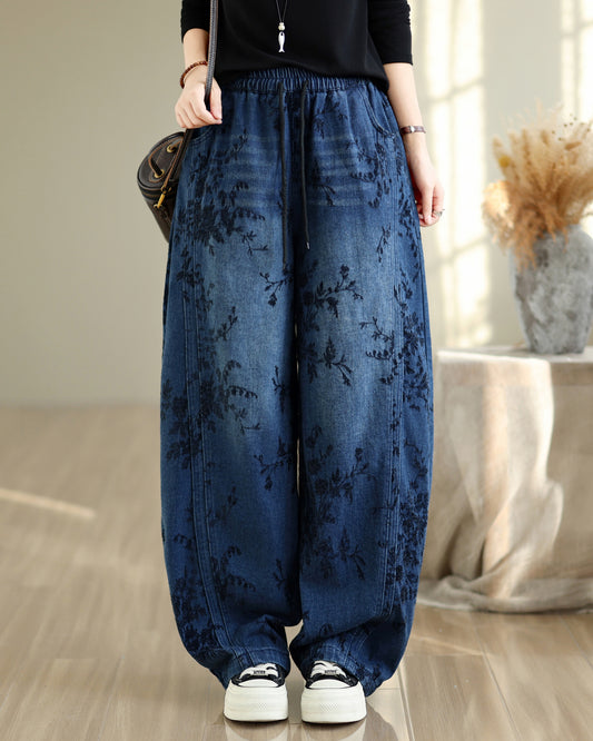 28671-Vintage Floral Print Denim Wide Leg Pants with Drawstring Waist