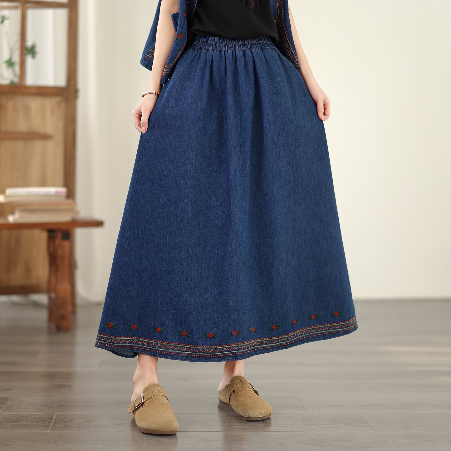 Women's Embroidered Elastic Waist Denim Jean Maxi Skirt Pocket - LAI MENG FIVE CATS
