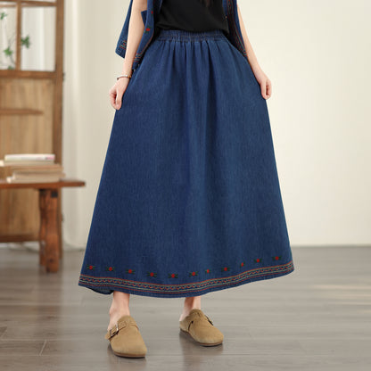 Women's Embroidered Elastic Waist Denim Jean Maxi Skirt Pocket - LAI MENG FIVE CATS