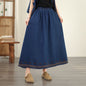 Women's Embroidered Elastic Waist Denim Jean Maxi Skirt Pocket - LAI MENG FIVE CATS