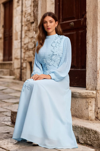 Romantic 3D Flower Lantern Sleeve Maxi Evening Formal Dress