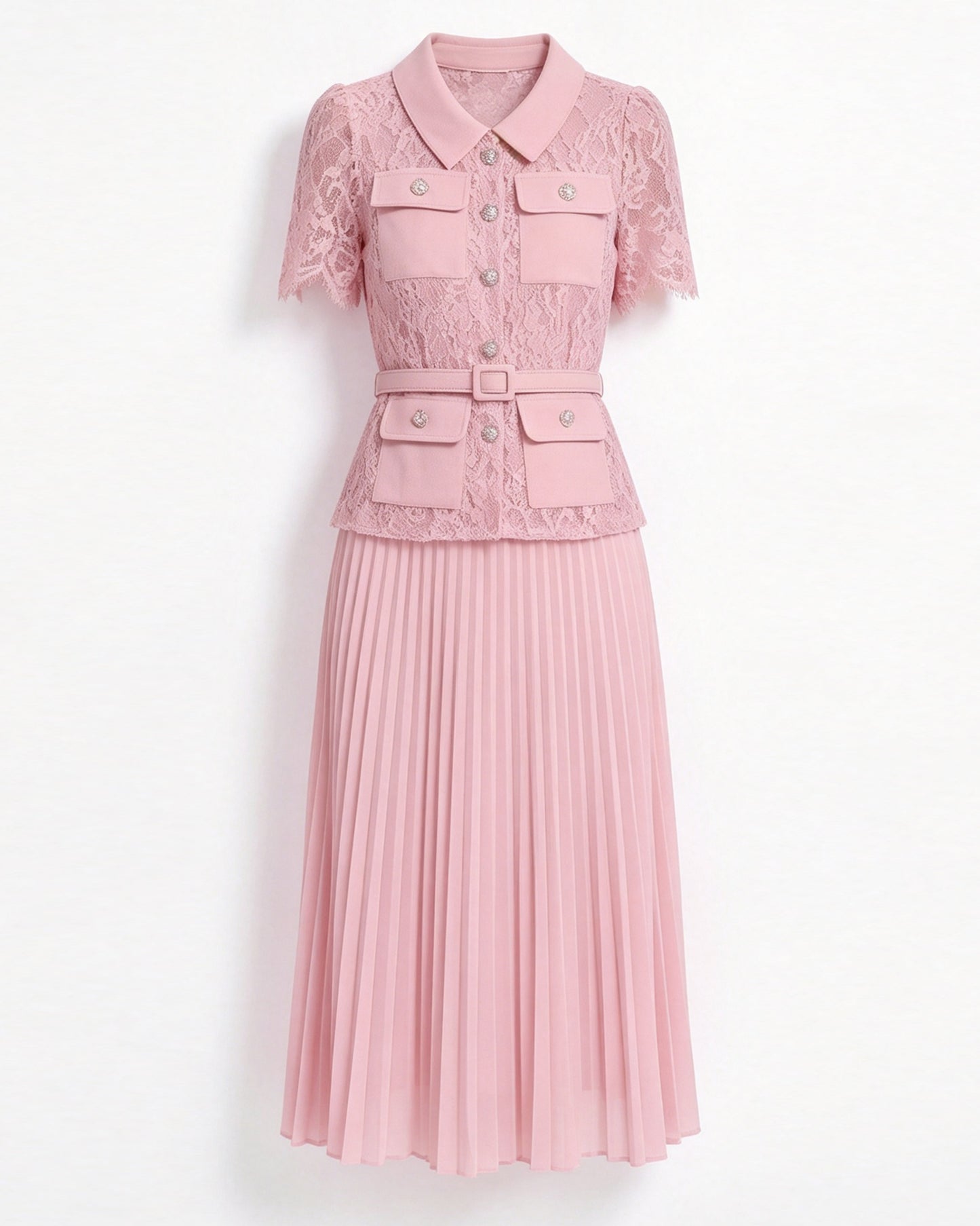 Lace Pleated Midi Dress | Elegant Fake Two-Piece Collared Dress