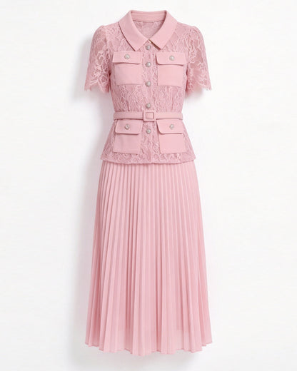 Lace Pleated Midi Dress | Elegant Fake Two-Piece Collared Dress