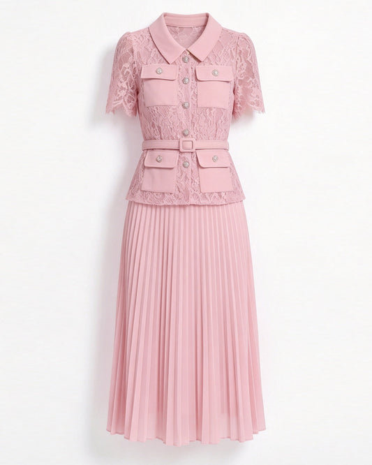 Lace Pleated Midi Dress | Elegant Fake Two-Piece Collared Dress