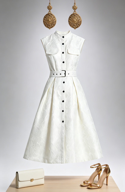 White Jacquard Midi Dress for Elegant Summer Evenings - LAI MENG FIVE CATS