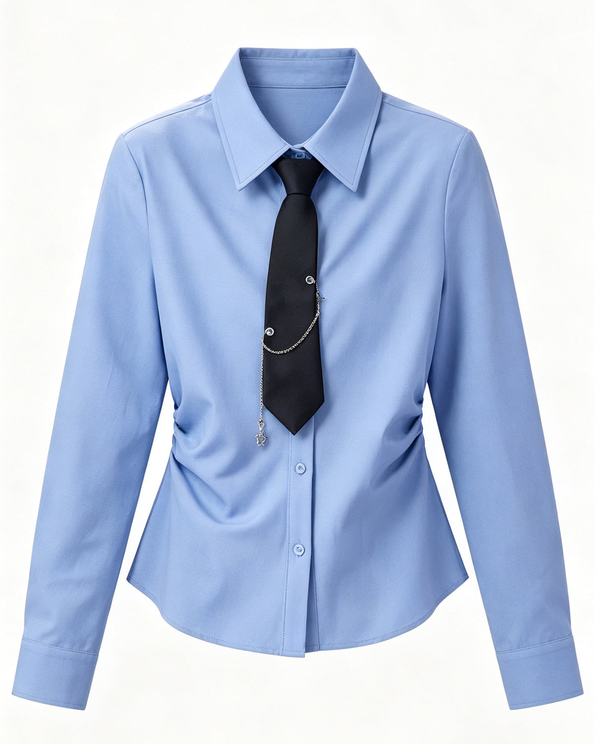 Elegant Light Blue Slim-Fit Shirt with Side Ruching & Tie Detail