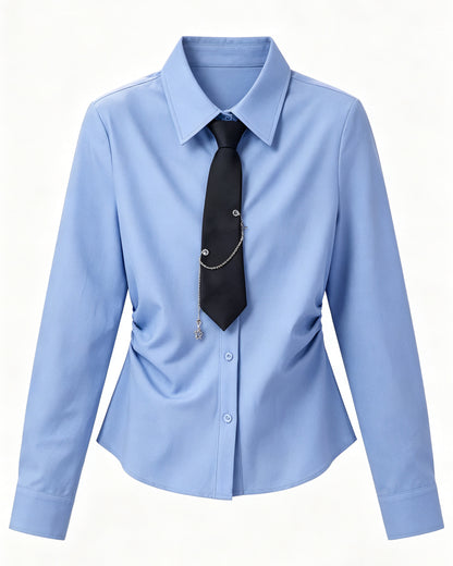Elegant Light Blue Slim-Fit Shirt with Side Ruching & Tie Detail