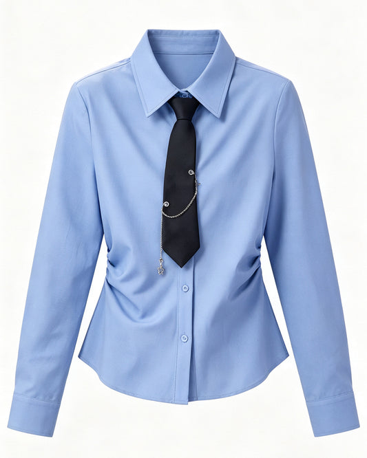 Elegant Light Blue Slim-Fit Shirt with Side Ruching & Tie Detail