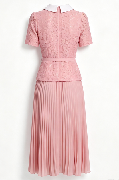 Pink Lace Pleated Midi Dress with Belt