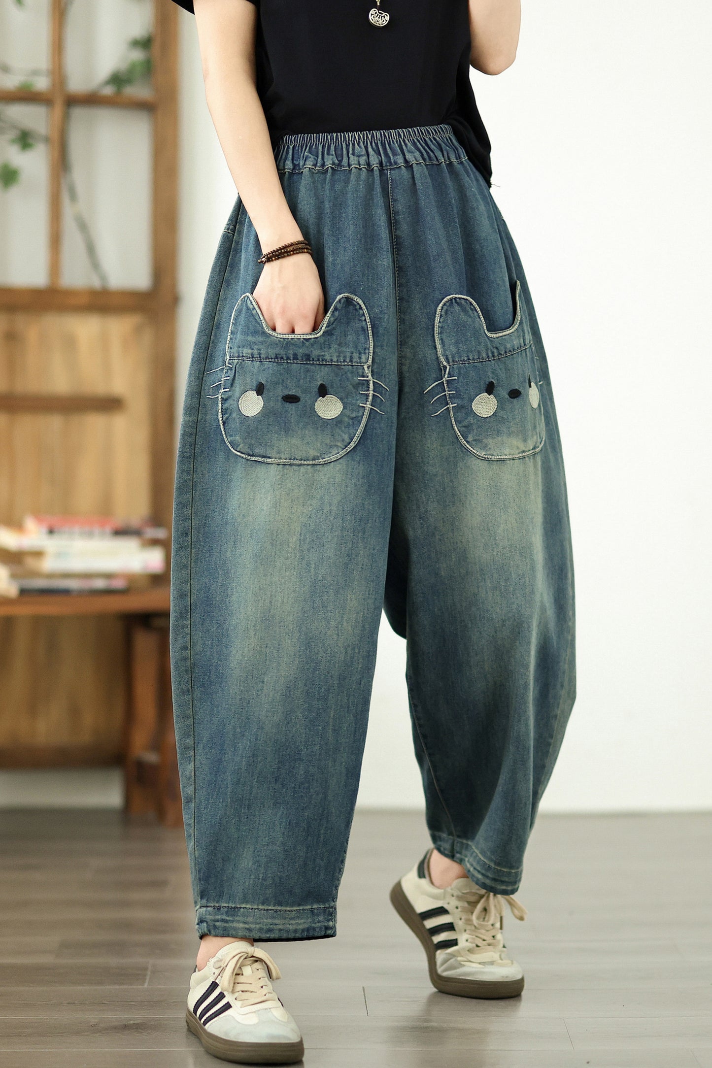 Women's Baggy Jeans Pattern Elastic Waist Pants