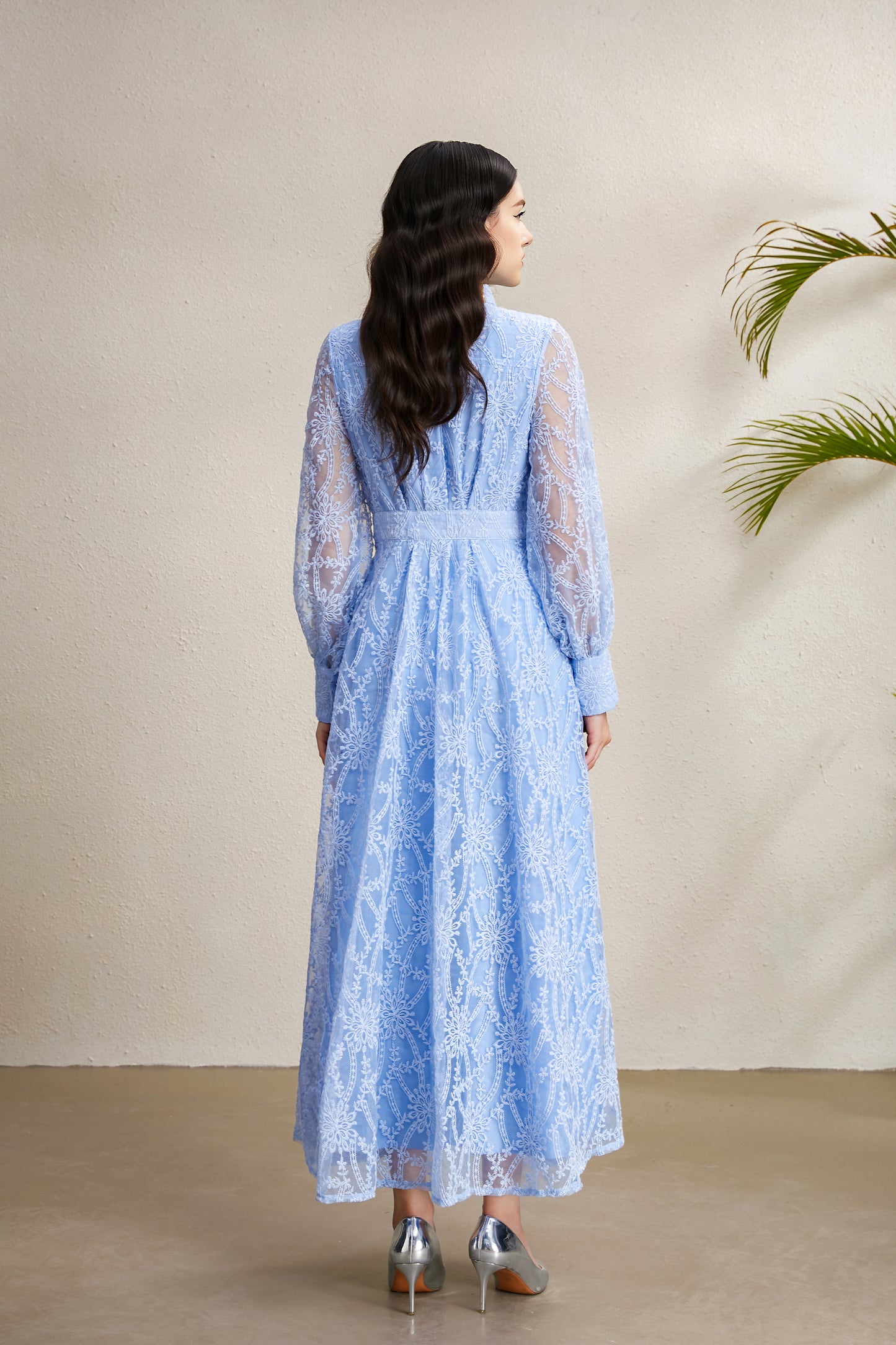 Women's V-Neck Lace Floral Lantern Sleeve Maxi Dress