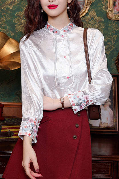 Women's Chinese Style Silk Satin Jacquard  Shirt - LAI MENG FIVE CATS