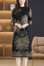 Women's Long Sleeve Print Ribbed Knitted Sweater Dress