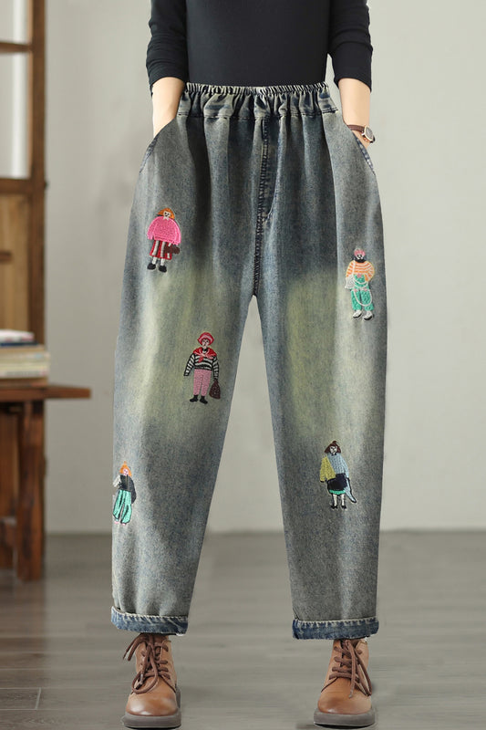 Women Jeans Denim Loose Pants Elastic Waist