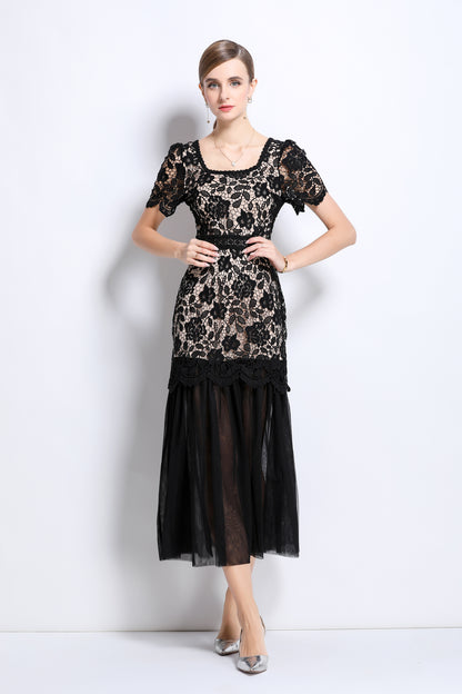 Elegant Feminine Black Square Collar Lace&Mesh Midi Dress