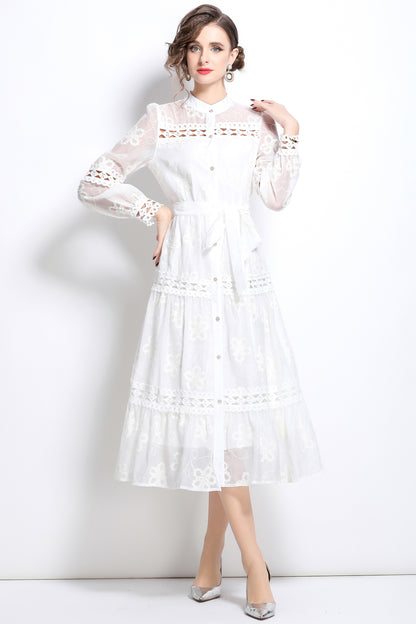 Womens Lace Tulle Hollow Ruffle Button Midi Dress