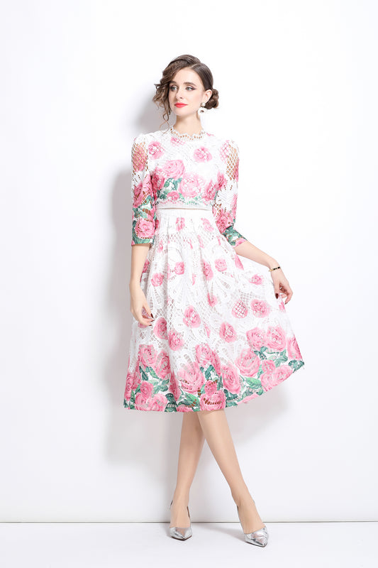 Women's Floral Lace Cocktail Party Swing Midi Dress