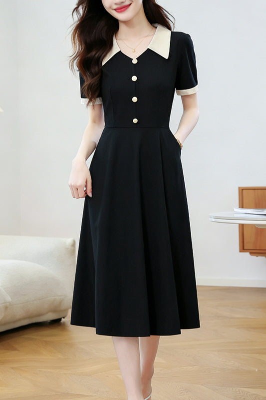 26-Women's Lapel V-Neck  Pockets Midi Dress